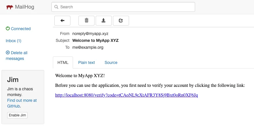 Example of e-mail within MailHog