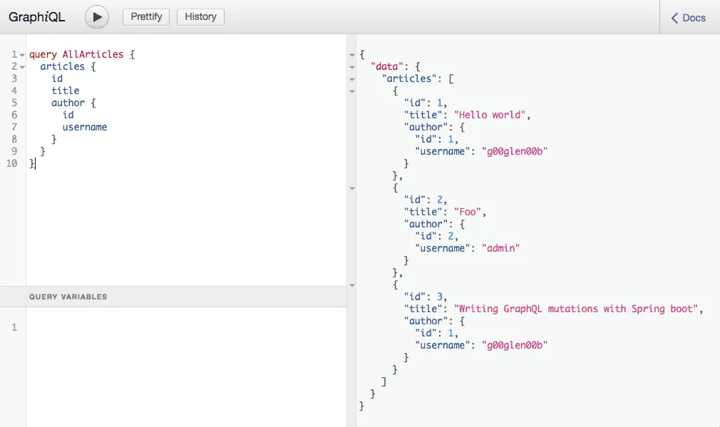 Screenshot of GraphiQL executing a query to retrieve all articles