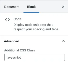 Screenshot of the advanced section within the block pane.
