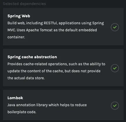 Dependencies selected on Spring Initializr