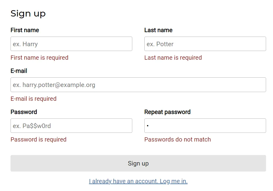 Screenshot of an invalid form containing error messages