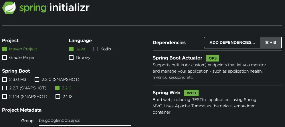 Screenshot of adding Actuator on Spring Initializr