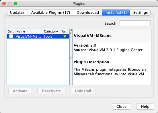 Screenshot of VisualVM plugins